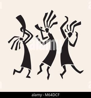 Stylized musicians Dancing figures. Primitive art. Vector illustration. Stock Vector