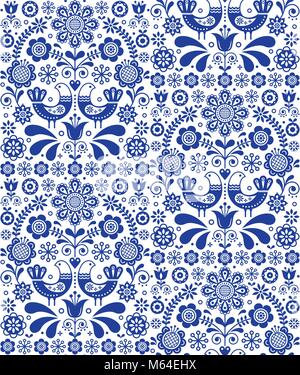 Scandinavian seamless folk art vector pattern, floral repetitive background with birds and flowers, navy blue ornament Stock Vector