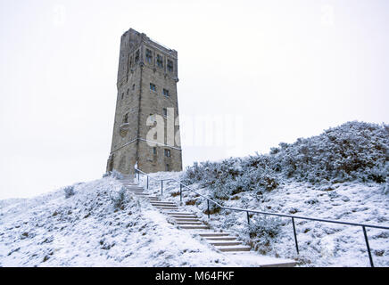 Victoria Jubilee Tower on Castle Hill, Huddersfield  in the freezing snow Stock Photo