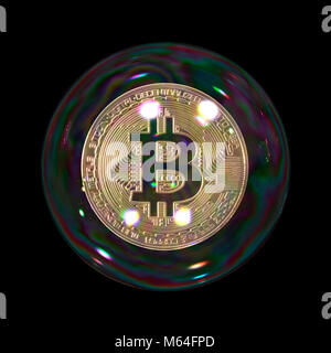 Bitcoin bubble on plain black background, golden coin suspended in bubble representing bursting concept and fragile digital cryptocurrency investments Stock Photo