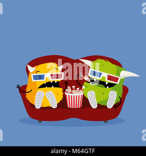 Two funny monsters watching scary horror movie wearing 3d glasses, sitting on red couch, and eating snacks. Cute cartoon illustration Stock Photo