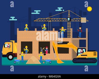 Vector cartoon builders on a construction site Stock Vector