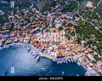 Gaios, capital city of Paxos Island near Corfu, aerial view. Grand canal, old harbor visible from above. Greece, Europe. Stock Photo