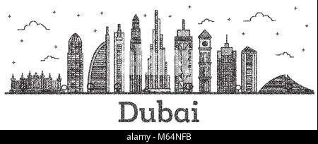 Engraved Dubai UAE City Skyline with Modern Buildings Isolated on White. Vector Illustration. Line Art Dubai Cityscape with Landmarks. Stock Vector