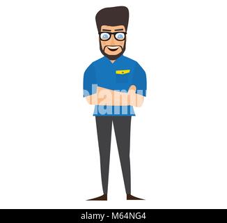 Casually Handsome Standing Man Isolated on White Background. Vector Illustration. Confident Young Handsome Man in Blue Shirt Keeping Arms Crossed Stock Vector