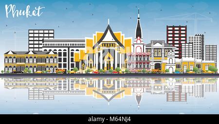 Phuket Thailand City Skyline with Color Buildings, Blue Sky and Reflections. Vector Illustration. Business Travel and Tourism Concept Stock Vector