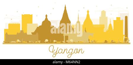 Yangon City skyline golden silhouette. Simple flat concept for tourism presentation, banner, placard or web site. Yangon Cityscape with landmarks. Stock Vector