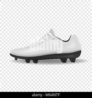 Photo-realistic vector 3d white empty, blank mens football or soccer boots, shoes icon closeup isolated on transparency grid background. Soccer game professional footballers equipment. Design template or mockup for graphics Stock Vector