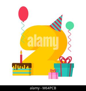 2 year Happy Birthday greeting card. 2th anniversary celebration Template. Two number and festive piece of cake with candle. Balloon and Gift box. Stock Vector