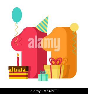 11 year greeting card Birthday. 11th anniversary celebration Template. eleven number and festive piece of cake with candle. Balloon and Gift box. Stock Vector