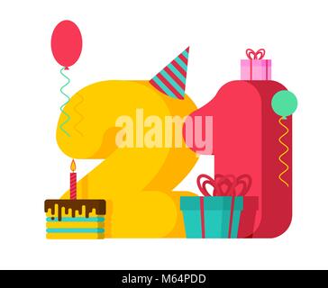 21 year Birthday sign. 21th Template greeting card anniversary celebration. twenty-one number and festive piece of cake with candle. Balloon and Gift  Stock Vector