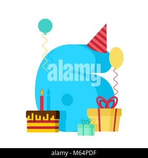 6 year Happy Birthday greeting card. 6th anniversary celebration Template. six number and festive piece of cake with candle. Balloon and Gift box. Stock Vector