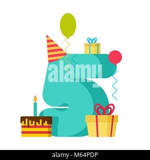5 year Happy Birthday greeting card. 5th anniversary celebration Template. five number and festive piece of cake with candle. Balloon and Gift box. Stock Vector