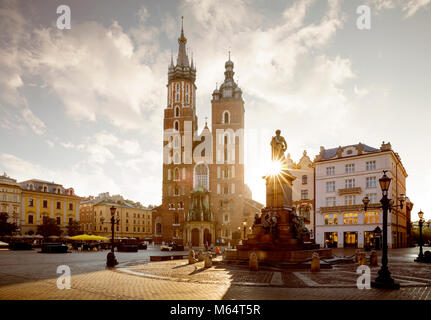 Panorama of old city center with Adam Mickiewicz monument and St. Mary's Basilica in Krakow Stock Photo