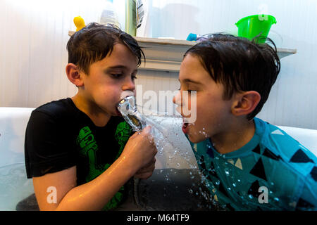 Twin Caucasian Brothers Play in Their Water Filled Bathtub Together With Their Clothes On Stock Photo