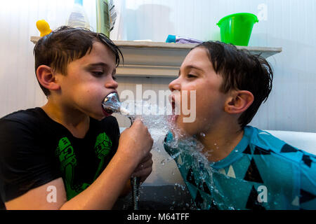 Twin Caucasian Brothers Play in Their Water Filled Bathtub Together With Their Clothes On Stock Photo