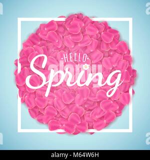 Hello spring phrase. Seasonal eco banner. Sakura petals, tulips in a white frame. Lettering and calligraphy. White text banner. Vector illustration. E Stock Vector