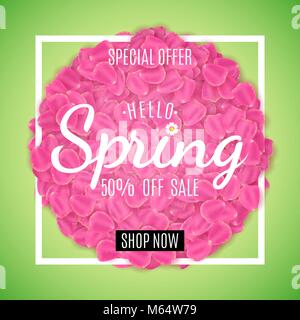 Hello spring phrase. Seasonal big sale banner. Special offer. Sakura petals, tulips in a white frame. Lettering and calligraphy. White text banner. Ve Stock Vector