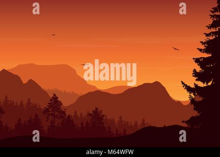 Mountain landscape with forest, under a orange sky with flying birds and clouds Stock Vector