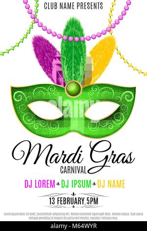 Poster for Mardi Gras carnival on a white background. Mask for a masquerade. Luxurious mask with colorful feathers. DJ name. Festive flyer. Invitation Stock Vector