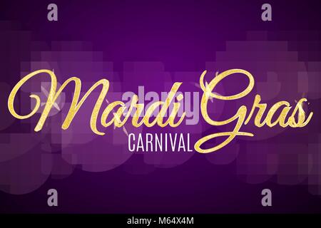 Flyer for Mardi Gras carnival. Gold glitter text with golden sparkles. Abstract bokeh lights. Gold particles shine. Vector illustration Stock Vector