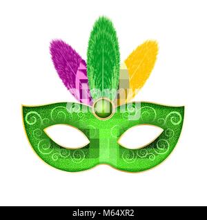 Mask for Mardi Gras carnival. Luxurious mask with a pattern and colorful feathers isolated on white background. Shine glitters. Vector illustration Stock Vector
