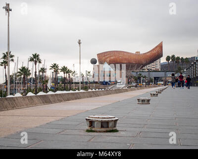 BARCELONA, SPAIN-FEBRUARY 19, 2018: Frank Gehry's modern El Peix d'Or sculpture in the Barcelona's Vila Olimpica. Stock Photo