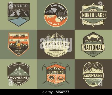 Set of vintage hand drawn travel badges. Camping labels concepts. Mountain expedition logo designs. Travel badges, retro camp logotypes collection. Stock vector patches isolated Stock Vector