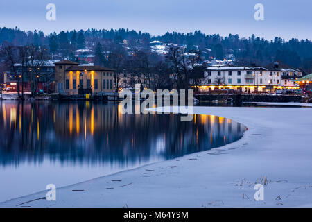 FLODA, SWEDEN - FEBRUARY 14 2018: Beautiful early morning long exposure landscape view of small village of Floda, Lerum Municipality, Sweden  Model Release: No. Property Release: No. Stock Photo