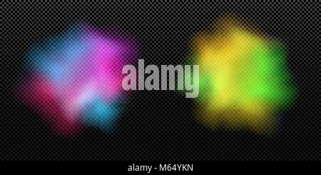 Set of explosions of colors is isolated on a transparent background. Pink blue and yellow green colors. Multicolor splatter. Happy Holi. Holiday of co Stock Vector