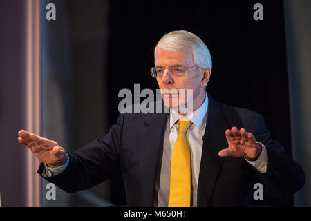 Sir John Major takes questions after delivering his speech on Brexit at Somerset House, Embankment Galleries in London. The Creative Industries Federation, Somerset House Trust and Tech London Advocates are hosting the former Prime Minister as he comments on the Brexit negotiations, their effect on people, and on the economy and growth. Stock Photo