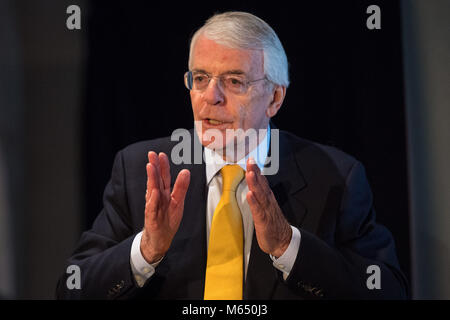 Sir John Major takes questions after delivering his speech on Brexit at Somerset House, Embankment Galleries in London. The Creative Industries Federation, Somerset House Trust and Tech London Advocates are hosting the former Prime Minister as he comments on the Brexit negotiations, their effect on people, and on the economy and growth. Stock Photo