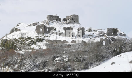 A view of the snow-covered ruins of Dunamase castle on the Rock of Dunamase in Aghnahily, Co Laois, as wintry conditions have caused more misery for travellers overnight. Stock Photo