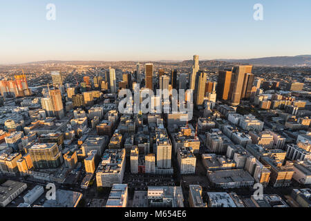 Los Angeles, California, USA - February 20, 2018:  Early morning aerial view of streets and buildings in the downtown LA urban core. Stock Photo