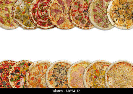 Horizontal collage of different baked pizzas isolated on white. Top view. Stock Photo