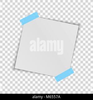 Realistic square white sheet of paper isolated on a transparent background. Blue scotch tape. Template for your project. Vector illustration Stock Vector
