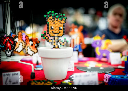 Doncaster Comic Con 11th Feruary 2018 at The Doncaster Dome. Quirky Baby Groot character made from Hama beads growing in a plant pot on sale at a comi Stock Photo