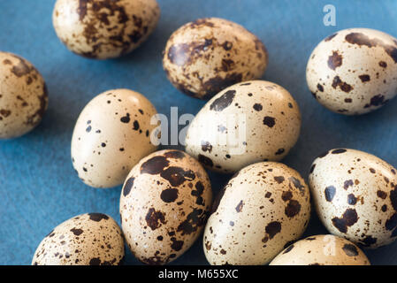 group of quail eggs on blue plate Stock Photo