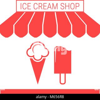 Ice Cream Shop, Frozen Yogurt Single Flat Vector Icon. Striped Awning and Signboard Stock Vector