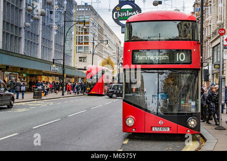 No 10 Bus to Hammersmith at a bus stop on London's Oxford St ,the No 10 bus route was withdrawn from service in November, 2018 Stock Photo