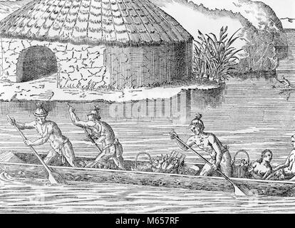 1500s 1600s ENGRAVING DEPICTING EARLY NATIVE AMERICAN INDIAN LIFE MEN PADDLING DUGOUT CANOE ON RIVER BY VILLAGE IN FLORIDA - i6010 LAN001 HARS ENGRAVING TRANSPORTATION NOSTALGIA NORTH AMERICA TOGETHERNESS HISTORIC NORTH AMERICAN EARLY PROPERTY STRENGTH EXTERIOR PROGRESS PEOPLES TRANSPORTING REAL ESTATE PADDLES COOPERATION STRUCTURES EDIFICE NATIVE AMERICAN SMALL GROUP OF PEOPLE 1600s DUGOUT MALES PADDLING PRIMITIVE 1500s B&W BLACK AND WHITE DEPICTING INDIGENOUS OLD FASHIONED PERSONS THE AMERICAS Stock Photo