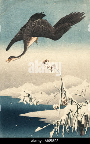 JAPANESE SYTLE WINTER SNOW SCENIC WITH BIRD GRAY GOOSE FLYING - ka9190 CPC001 HARS SYTLE Stock Photo