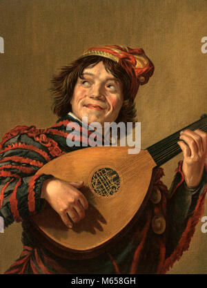 1620s 1623 PAINTING BY FRANS HALS DUTCH HARLEM ARTIST OF THE LAUGHING JESTER OR THE LUTE PLAYER - ka9352 HAR001 HARS LUTE OCCUPATIONS OLD FASHIONED PERSONS THE ELDER THE LAUGHING JESTER THE LUTE PLAYER Stock Photo