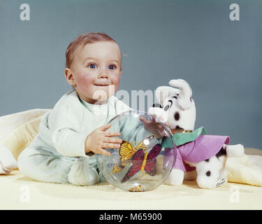 1960s WIDE-EYED BABY CHILD LOOKING AT CAMERA PLAYING WITH TOYS STUFFED ANIMAL AND PLASTIC BALL - kb5060 HAR001 HARS INDOORS NOSTALGIA EYE CONTACT HAPPINESS CHEERFUL TWO OBJECTS BUTTERFLIES GROWTH SMILES JOYFUL PEOPLE BABIES BABY BOY WIDE-EYED 6-12 MONTHS FACIAL EXPRESSION JUVENILES CAUCASIAN ETHNICITY FOOTED PAJAMA LOOKING AT CAMERA OLD FASHIONED STUFFED ANIMAL TOY DOG TRANSPARENT Stock Photo