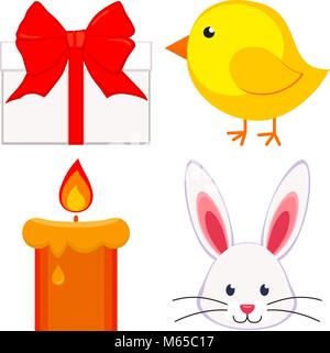 Cartoon easter icon set chicken chick bunny face candle, gift box. Stock Vector