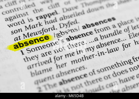 Highlighted English word 'absence' and its definition in the dictionary. Stock Photo