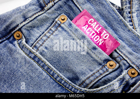 Handwriting Announcement text showing Call To Action. Business concept for Proactive Success Goal Written on condom pack put in small pocket to pants  Stock Photo