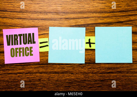 Writing text showing Virtual Office. Business concept for Online Way Of Working written on sticky note paper wooden background. Equation mathematical  Stock Photo