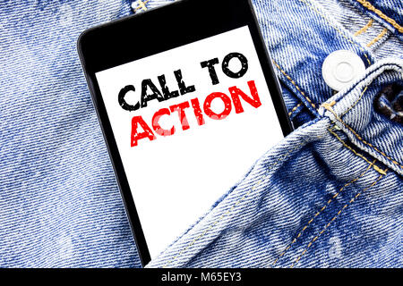 Hand writing text caption inspiration showing Call To Action. Business concept for Proactive Success Goal Written phone mobile phone, cellphone placed Stock Photo