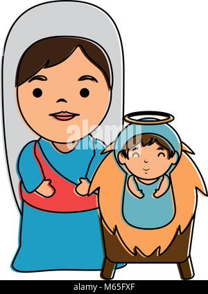cute virgin mary with jesus baby characters Stock Vector